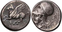 GRIECHISCHE MÜNZEN KORINTHIA KORINTH AR-Stater 345-307 v. Chr. Vs.: Pegasos fliegt n. l., darunter Koppa, Rs.: Kopf der Athena mit korinthischem Helm n. l., rechts Kranz BCD Korinth 116; Calciati 403;