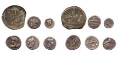 LOTS ANTIKER MÜNZEN Lot, römische Münzen Prägungen der Römischen Republik: Denare des M. Baebius Tampilus, 137 v. Chr., L. Caesius, 112/111 v. Chr., D. Iunius Silanus, 91 v. Chr., C. Annius und L. Fab
