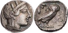 GRIECHISCHE MÜNZEN ATTIKA ATHEN AR-Tetradrachme 420-404 v. Chr. Vs.: Kopf der Athena mit Helm und Lorbeer n. r., Rs.: Eule steht n. r., Kopf v. v., links oben Ölzweig neben Mondsichel, alles in quadra