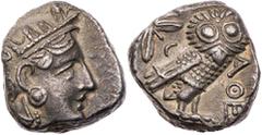 GRIECHISCHE MÜNZEN ATTIKA ATHEN AR-Tetradrachme 353-294 v. Chr. Vs.: Kopf der Athena mit Helm und Lorbeer n. r., Rs.: Eule steht n. r., Kopf v. v., links oben Ölzweig und Mondsichel Flament Stil Pi V;