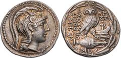 GRIECHISCHE MÜNZEN ATTIKA ATHEN AR-Tetradrachme 117/116 v. Chr., 9. Monat Themisto(...), Theopompos und Aristo(...), Vs.: Kopf der Athena Parthenos mit dreibuschigem Helm n. r., Rs.: Eule steht auf li