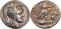 GRIECHISCHE MÜNZEN ATTIKA ATHEN AR-Tetradrachme 109/108 v. Chr., 8. Monat Zoilos, Euandros und Zoilos, Vs.: Kopf der Athena Parthenos mit dreibuschigem Helm n. r., Rs.: Eule steht auf liegender Amphor