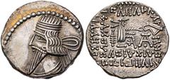 GRIECHISCHE MÜNZEN PARTHER, KÖNIGREICH DER ARSAKIDEN Pakoros I., 78-120 n. Chr. AR-Drachme Ekbatana Vs.: Büste in Ornat mit Diadem n. l., Rs.: 7-zeilige Beischrift, Arsakes thront mit Bogen n. r., rec