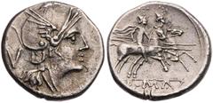 RÖMISCHE MÜNZEN RÖMISCHE REPUBLIK Anonym, 211-208 v. Chr. AR-Quinar unsichere Mzst. Vs.: Kopf der Roma mit geflügeltem Helm n. r., dahinter V, Rs.: Dioskuren reiten mit angelegten Lanzen n. r., unten 