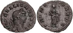 RÖMISCHE MÜNZEN RÖMISCHE KAISERZEIT Gallienus, 253-268 n. Chr. AE-Denar 264-267 n. Chr. Rom Vs.: IMP GALLIENVS AVG, Kopf mit Lorbeerkranz n. r., Rs.: ABVND[A]NTIA AVG, Abundantia steht n. r. und leert