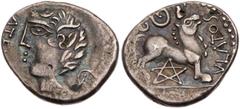 KELTISCHE MÜNZEN GALLIEN REMI AR-Quinar 50-30 v. Chr. Vs.: ATE[VLA], geflügelte Büste n. l., Rs: VLATOS, stilisierter Stier n. r., darunter Pentagramm, darüber Doppelspirale, [im Abschnitt Mondsichel]