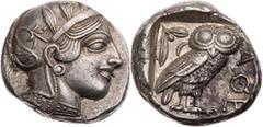 GRIECHISCHE MÜNZEN ATTIKA ATHEN AR-Tetradrachme 420-404 v. Chr. Vs.: Kopf der Athena mit Helm und Lorbeer n. r., Rs.: Eule steht n. r., Kopf v. v., links oben Ölzweig neben Mondsichel, alles in quadra