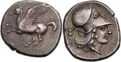GRIECHISCHE MÜNZEN KORINTHIA KORINTH AR-Stater 345-307 v. Chr. Vs.: Pegasos fliegt n. l., darunter Koppa, Rs.: Kopf der Athena mit korinthischem Helm n. r., dahinter Kantharos und N BCD Korinth 124 va
