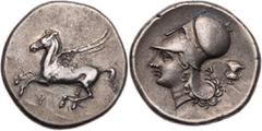 GRIECHISCHE MÜNZEN KORINTHIA KORINTH AR-Stater 345-307 v. Chr. Vs.: Pegasos fliegt n. l., darunter Koppa, Rs.: Kopf der Athena mit korinthischem Helm n. l., dahinter Krater und Delta BCD Korinth 98; C