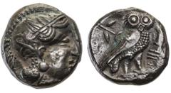 Attika Athen, Imitation, Babylon, unter Satrap Mazakes?, Tetradrachme, Vs.: Kopf der Athena mit attischem Helm n. r., Rs.: Eule n. r., links Ölzweig und Mondsichel, rechts Satrapenname, Newell, NNM 82