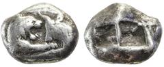 Lydia, Königreich, Kroisos, 561–546 v. Chr., Stater/Doppelsiglos, Sardeis, Vs.: Löwenprotome n. r., Stierprotome n. l., Rs.: 2 verschieden große quadrata incusa, SNG v. Aul. 2873 f., SNG Kop. 455, Ø 1