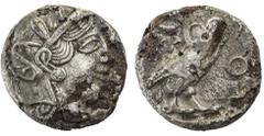 Attika, Athen, 454–404 v. Chr., Tetradrachme plattiert, Vs.: Kopf der Athena n. r., Rs.: Eule n. r., Rs.: Prüfhieb, IV