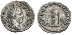 Philippus I. Arabs, 244–249, Antoninian, Rom, 248, Vs.: drapierte Büste mit Strahlenkrone n. r., Rs.: Säule, beschriftet mit COS III, RIC 24c, 4,30 g, III