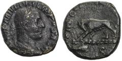 Philippus I. Arabs, 244–249, Sesterz, Rom, 248, Vs.: drapierte Büste mit Lorbeerkranz n. r., Rs.: Wölfin steht n. l. und säugt die Zwillinge, RIC 159, 13,21 g, R, IV-V