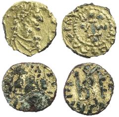 Tremissis (subärat), Trugschriftreste, Vs.: Kaiserbüste mit Panzer, Paludamentum und Perlendiadem n. r., Rs.: (...) CON + MLUGLUG (...) Kreuz über Globus zwischen M - L und Wert V – II (Siliquae). Pro