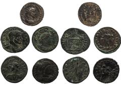 Spätantike, LOT, 5 Stück, 1) Probus, Antoninian, Ticinum, Rs. Hercules, 2) Diocletian, Antoninian, Cyzicus, Rs. Kaiser und Jupiter, 3) Maxentius, Follis, Ticinum, Rs. Roma in Tempel, 4) Constantinus I