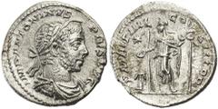 RÖMISCHE KAISERZEIT Elagabal, 218-222 n. Chr. AR-Denar 221 n. Chr. Rom/Antiochia Vs.: IMP ANTONINVS PIVS AVG, gehörnte und drapierte Büste mit Lorbeerkranz n. r., Rs.: P M TR P IIII COS III P P, Elaga