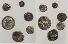 Lot, 6 griechische AR-Münzen: Mysien, Pergamon, Diobol Bithynien, Kalchedon, Hemidrachme Troas, Kebren, Diobol Ionien, Milet, Drachme Ionien, Milet, Diobol Karien, unbest. Mzst., Tetartemorion 6 Stück