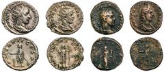 2 Antoniniane und 2 Sesterzen der römischen Kaiserzeit: Gordian III./Kaiser beim Opfer, RIC 37 Philippus I. Arabs/Iupiter, RIC 213 Philippus I. Arabs/Annona, RIC 168 Otacilia Severa/Concordia, RIC 203