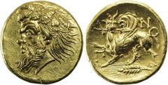 KIMMERISCHER BOSPORUS PANTIKAPAION AV-Stater 350-320 v. Chr. Vs.: bärtiger Kopf des Pan mit Efeukranz n. l., Rs.: gehörnter Greif mit Flügeln und Hörnern steht auf Kornähre n. l., Kopf v. v., und hält