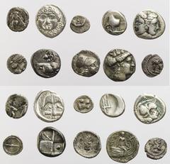 LOTS ANTIKER MÜNZEN Lot, griechische Münzen Schönes Einsteigerlot griechischer AR-Prägungen, darunter Lukanien: Metapont, Diobol; Sizilien: Syrakus, Litra; Thrakien: Apollonia Pontika, Drachme; Thraki