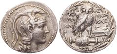 Part 2: GRIECHISCHE MÜNZEN ATTIKA ATHEN AR-Tetradrachme 120 v. Chr., 7. Monat: Gamelion (= Januar/Februar) signiert von Karaich(os), Ergokles, Chai(...) und So(...) Vs.: Kopf der Athena Parthenos mit 