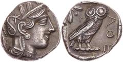 GRIECHISCHE MÜNZEN ATTIKA ATHEN AR-Tetradrachme um 420-412 v. Chr. Vs.: Kopf der Athena mit Helm und Lorbeer n. r., Rs.: Eule steht n. r., Kopf v. v., links Ölzweig neben Mondsichel Flament Taf. 26, 9