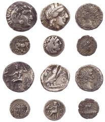 LOTS ANTIKER MÜNZEN Lot, allgemein AR-Prägungen: Athen, Tetradrachme (mit Prüfhieb); Alexander III., Drachme; Dyrrhachion, Drachme (subärat); Arados, Tetradrachme im Namen Alexanders III.; L. Marcius 