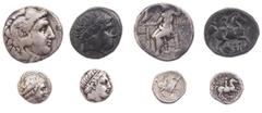 LOTS ANTIKER MÜNZEN Lot, griechische Münzen AR- und AE-Prägungen makedonischer Könige: Philipp II., Pempte (2), AE-Tetrachalkon; Alexander III., Tetradrachme. 4 Stück s-ss, ss ex Slg. Kardinal Meisner