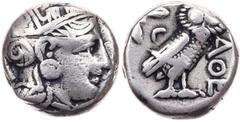 GRIECHISCHE MÜNZEN ATTIKA ATHEN AR-Tetradrachme um 350 v. Chr. ägyptischer Beischlag Vs.: Kopf der Athena mit Helm und Lorbeer n. r., Rs.: Eule steht n. r., Kopf v. v., links Ölzweig neben Mondsichel 