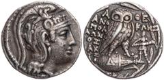 GRIECHISCHE MÜNZEN ATTIKA ATHEN AR-Tetradrachme 112 v. Chr., 4. Monat (Pyanopsion = Oktober/November) Phanokles, Apollonios, Bakchios & Sph(...), Vs.: Kopf der Athena Parthenos mit dreibuschigem Greif