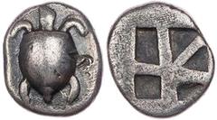 GRIECHISCHE MÜNZEN AEGINA AEGINA AR-Hemidrachme um 475-470 v. Chr. Vs.: Seeschildkröte, Rs.: 5-feldiges quadratum incusum BMC 46 Taf. 23, 9; SNG Cop. 504; SNG München - (vgl. Stater 545); Meadows, Aeg