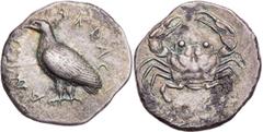 GRIECHISCHE MÜNZEN SIZILIEN AKRAGAS AR-Didrachme 510-495 v. Chr. Vs.: Adler steht n. l., Rs.: Krabbe Westermark 40 (O20/R18); SNG ANS 913 (stempelgleich); SNG München 35-38. 8.51 g. feine Tönung, Rs. 