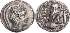 GRIECHISCHE MÜNZEN ATTIKA ATHEN AR-Tetradrachme 108 v. Chr., 3. Monat (Boëdromion = September/Oktober) Eumelos, Kalliphon, Alex(...) & So(...), Vs.: Kopf der Athena Parthenos mit dreibuschigem Greifen
