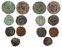 LOTS ANTIKER MÜNZEN Lot, byzantinische Münzen AE-Prägungen des Anastasius I., Follis, Constantinopolis; Iustinianus I., Follis, Kyzikos; Iustinus II., Folles, Nikomedia und Constantinopolis; Mauricius