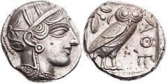 GRIECHISCHE MÜNZEN ATTIKA ATHEN AR-Tetradrachme 454-404 v. Chr. Vs.: Kopf der Athena mit Helm und Lorbeer n. r., Rs.: Eule steht n. r., Kopf v. v., links Ölzweig neben Mondsichel, alles in quadratum i