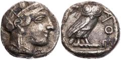 GRIECHISCHE MÜNZEN ATTIKA ATHEN AR-Tetradrachme 454-404 v. Chr. Vs.: Kopf der Athena mit Helm und Lorbeer n. r., Rs.: Eule steht n. r., Kopf v. v., links Ölzweig neben Mondsichel, alles in quadratum i
