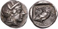 GRIECHISCHE MÜNZEN ATTIKA ATHEN AR-Drachme 450-420 v. Chr. Vs.: Kopf der Athena mit Helm und Lorbeer n. r., Rs.: Eule steht n. r., Kopf v. v., links oben Ölzweig, alles in quadratum incusum SNG Locket