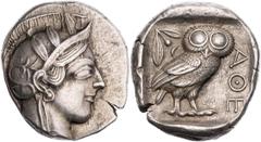 GRIECHISCHE MÜNZEN ATTIKA ATHEN AR-Tetradrachme 430-412 v. Chr. Vs.: Kopf der Athena mit Helm und Lorbeer n. r., Rs.: Eule steht n. r., Kopf v. v., links oben Ölzweig neben Mondsichel, alles in quadra