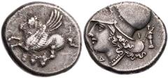 GRIECHISCHE MÜNZEN KORINTHIA KORINTH AR-Stater 375-300 v. Chr. Vs.: Pegasos fliegt n. l., darunter Koppa, Rs.: Kopf der Athena mit korinthischem Helm n. l., rechts Herme mit Kerykeion und Füllhorn v. 