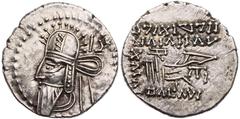 GRIECHISCHE MÜNZEN PARTHER, KÖNIGREICH DER ARSAKIDEN Vologases VI., 208-228 n. Chr. AR-Drachme Ekbatana Vs.: Büste in Ornat mit Tiara und Diadem n. l., dahinter Monogramm, Rs.: 5-zeilige Trugschrift, 