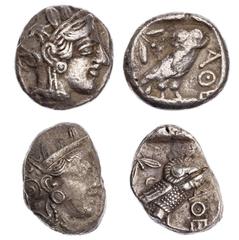 LOTS ANTIKER MÜNZEN Lot, griechische Münzen ATTIKA, Athen: Tetradrachmen des 5. und 4. Jhs. v. Chr. 2 Stück ein Stück etwas belegt und mit Prüfhieb, sonst fast ss bi