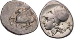 GRIECHISCHE MÜNZEN KORINTHIA KORINTH AR-Stater 375-300 v. Chr. Vs.: Pegasos fliegt n. l., darunter Koppa, Rs.: Kopf der Athena mit korinthischem Helm n. l., rechts Artemis mit Fackel n. r. laufend BCD