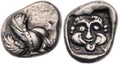 GRIECHISCHE MÜNZEN KARIEN UNBESTIMMTE MZST. AR-Trihemiobol (?) 500-450 v. Chr. Vs.: geflügelte Stierprotome n. r., Rs.: Gorgoneion v. v., in quadratum incusum HN online 1382; SNG Ashmolean 325-326; SN