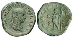 FILIPPO II, Cesare (244-247) Sesterzio. D/ Busto paludato e corazzato R/ Filippo con globo ed asta. Coh. 49 RIC 256a Tredici 42 Ae g 22,89 • Bellissima patina verde chiaro q.BB