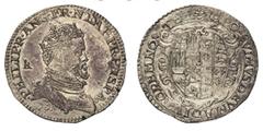 Filippo II Principe di Spagna e Re di Napoli (1554-1556) Mezzo ducato, argento gr. 14,72, ¿ 34,3 mm. D/ ¥PHILIP¥R¥ANG¥FR¥NEAP¥PR¥HISPA¥, busto coronato con corona chiusa, e corazzato, con alto collare
