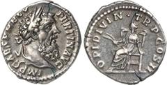 ROMANE IMPERIALI PERTINACE (193) Denario. D/ Testa laureata R/ Ops seduta con spighe. Coh. 33 Tredici 31 RIC 8a Ag g 3,10 Rara ¥ Patina di monetiere; bellissimo ritratto BB+