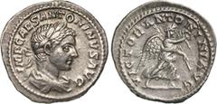 ROMANE IMPERIALI ELAGABALO (218-222) Denario. D/ Busto laureato, drappeggiato e corazzato R/ Vittoria andante con corona e palma. Coh. 293 Tredici 212 Ag g 2,30 q.SPL
