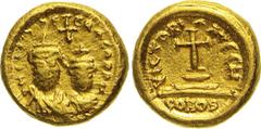 BYZANTINE - ERACLIO ed ERACLIO COSTANTINO (610-641) Solido globulare, Cartagine. D/ Busti frontali R/ Croce su gradini. Ratto - Au g 4,53 Molto rara BB