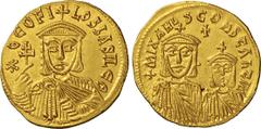 BYZANTINE TEOFILO (829-844) Solido, Costantinopoli. D/ Busto frontale di Teofilo che regge una croce R/ Busti frontali di Michele e Costantino. Sear 1653 DOC 3d Ag g 4,37. Ex asta Rauch 72, lotto n. 9